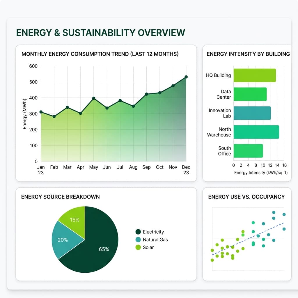 GreenBOS analytics dashboard with consumption trends and benchmarks